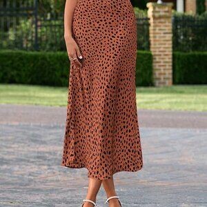 Womens Satin Midi Skirt High Waisted Leopard Print Silk A Line Party